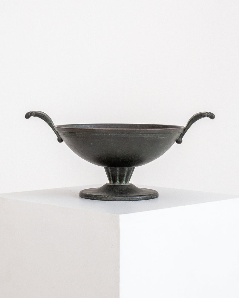 Art Deco bronze pedestal bowl with curved handles by Ystad Metall