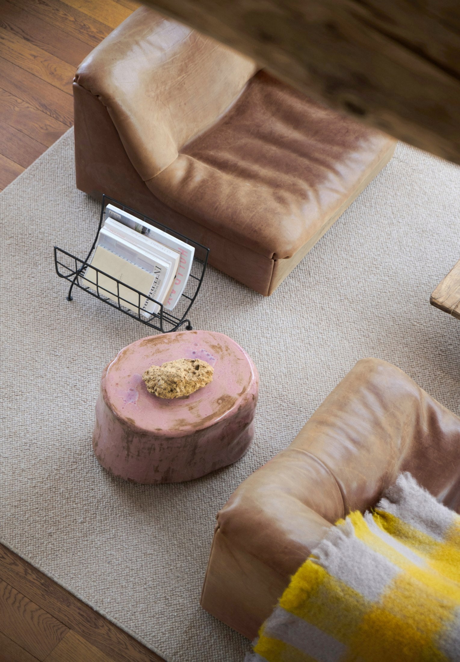 Small Ceramic Side Table — top view with pink surface in living room