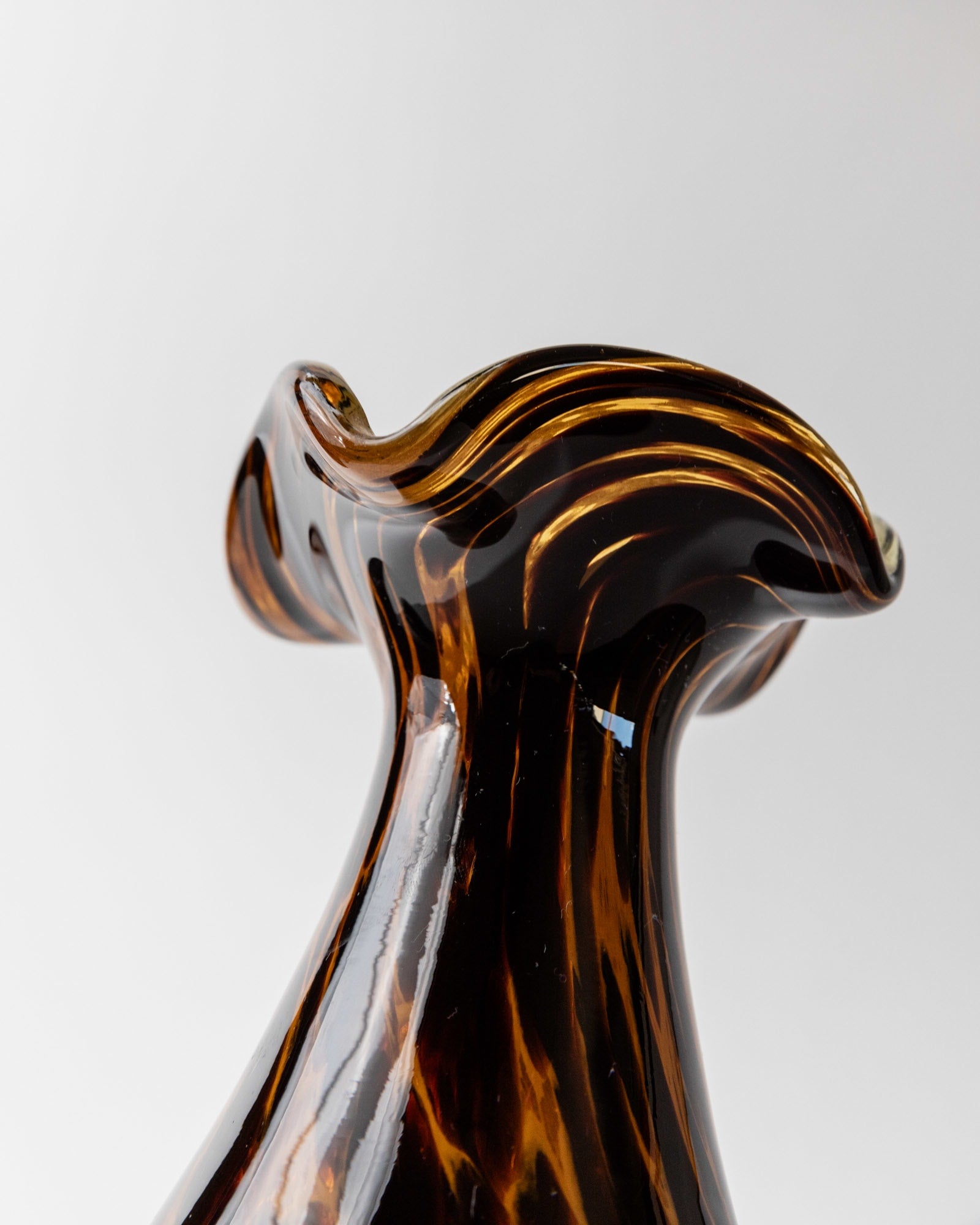 Murano glass vase amber striped ruffled rim detail close-up