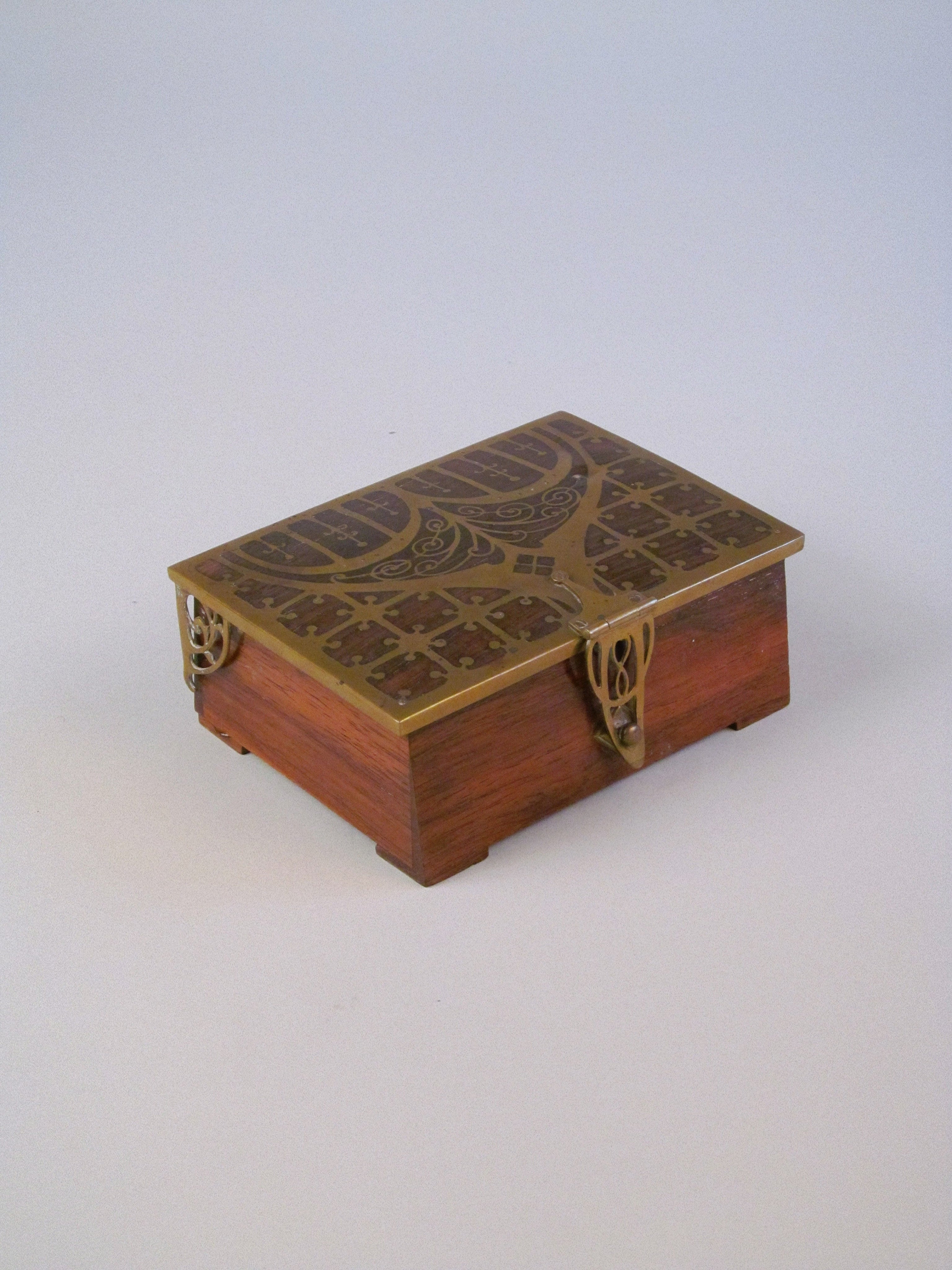 Seccessionist Cigar Box c.1910 With Contents — side angle showing brass lid and wooden base