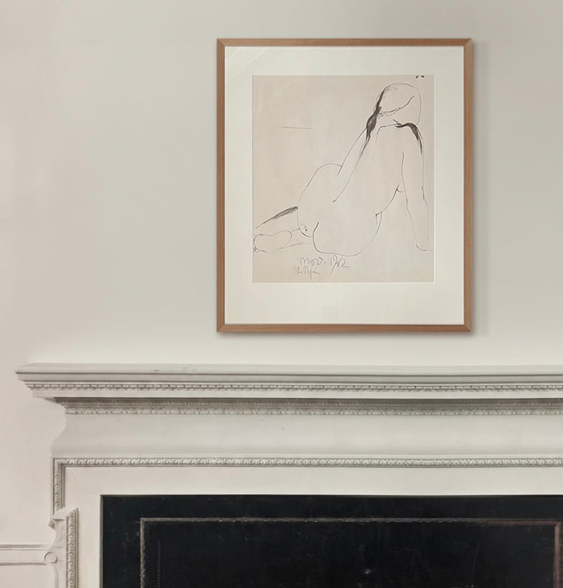Reclining Nude in Ink, 1962 — framed drawing on white wall