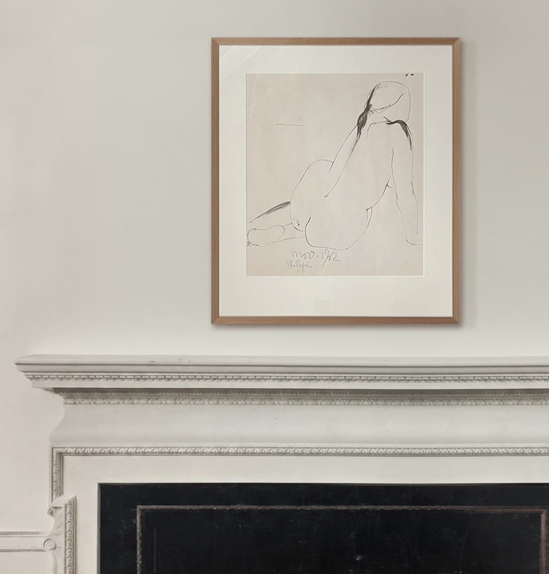 Reclining Nude in Ink, 1962 — framed drawing on white wall