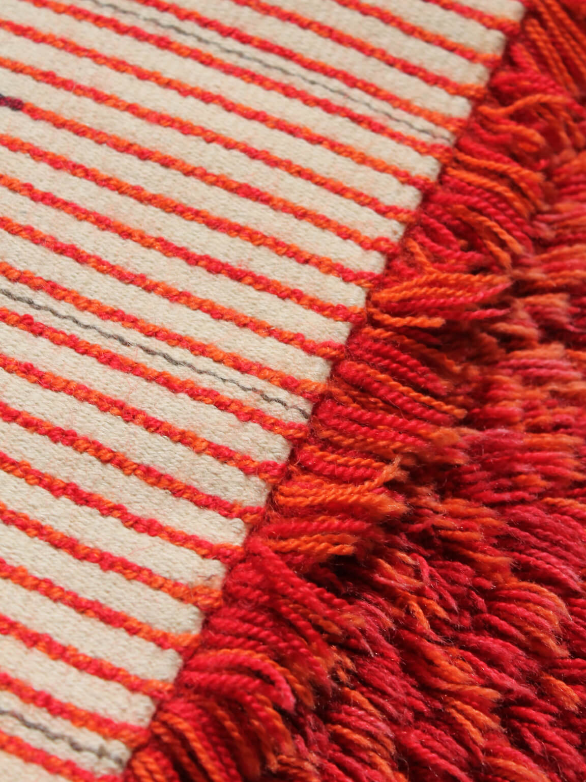 Swedish Abstract Knotted Pile Wall Wool Rug, 78x130cm — top view highlighting red and orange striped pattern