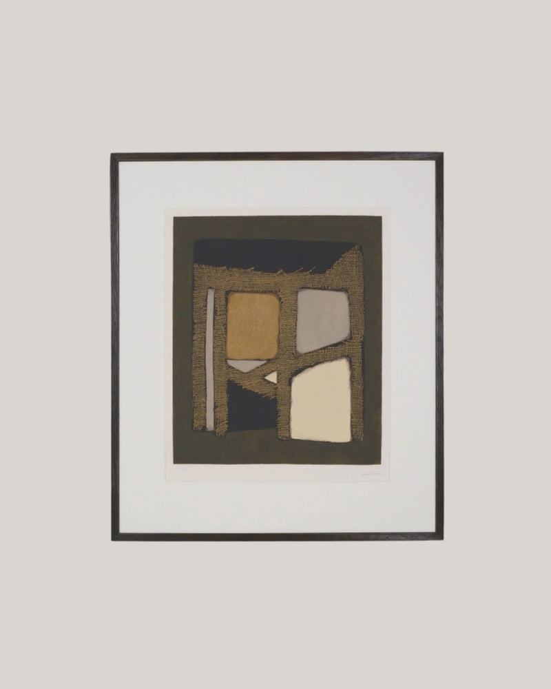 Abstract collage etching by Conrad Marca-Relli with burlap and geometric forms