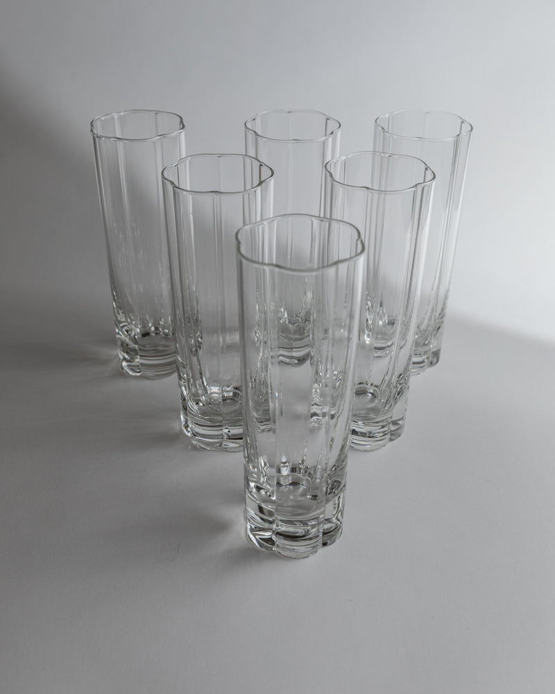 Set of 6 crystal drinking glasses with vertical ridged design, 1980s