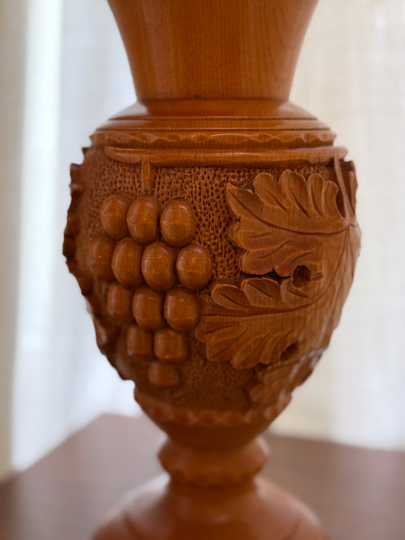 Vintage Hand-Carved Wooden Vase 1980s — close-up of carved grape detail