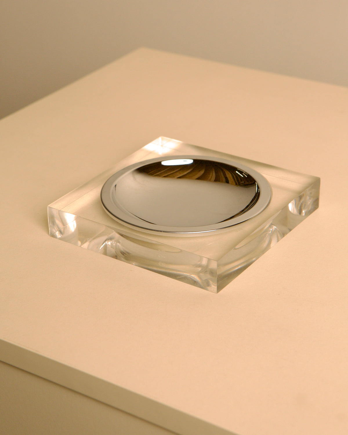 Italian square metal and plexiglass catch-all, 1970s — detail view