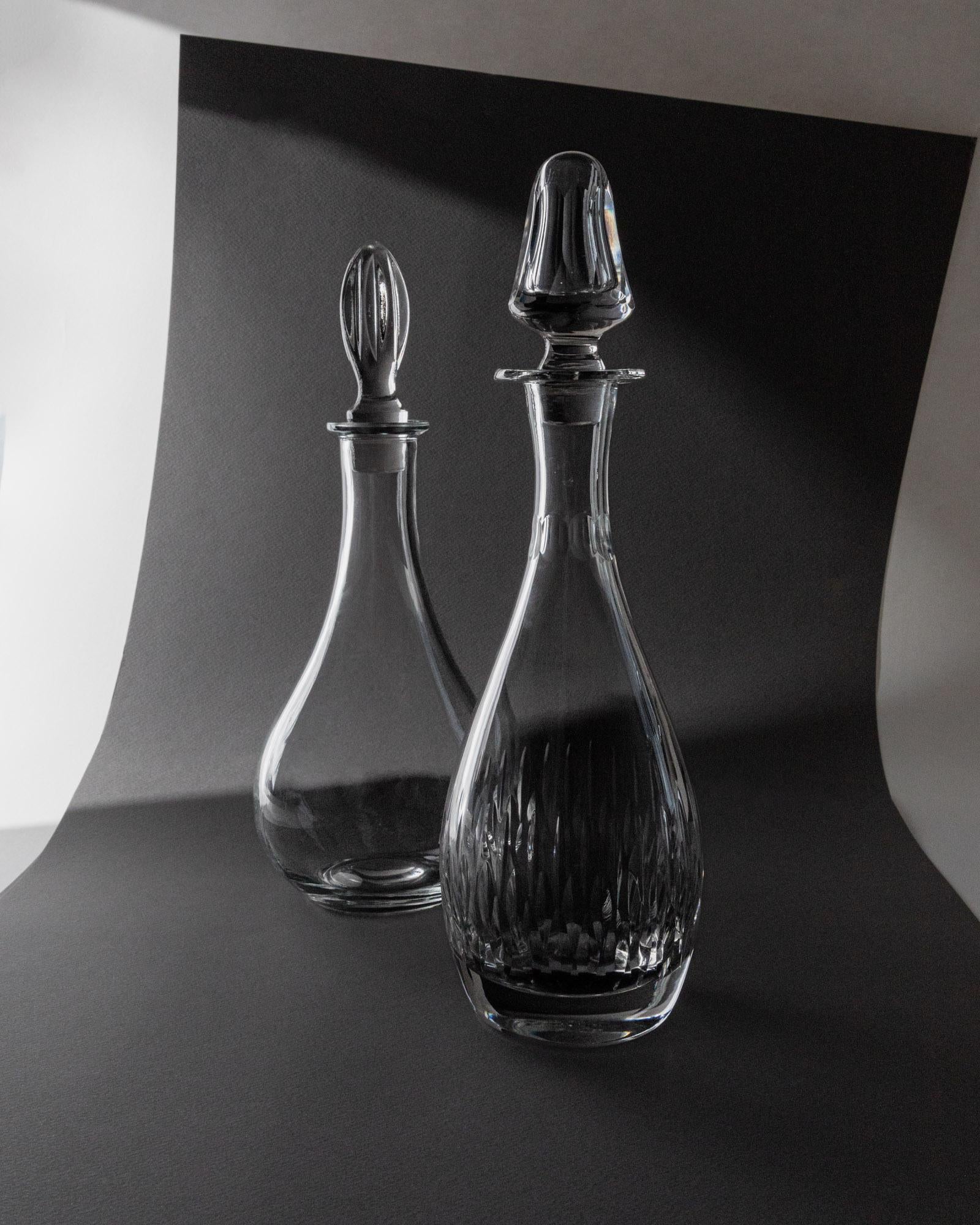Vintage 1980s Glass Decanter Set of 2 — side angle on black backdrop