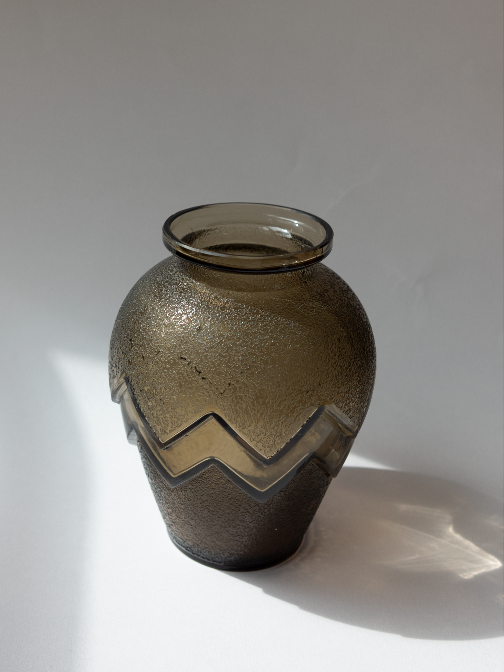 Art Deco Smoked Glass Chevron Vase, Daum Nancy, c. 1930s — side angle