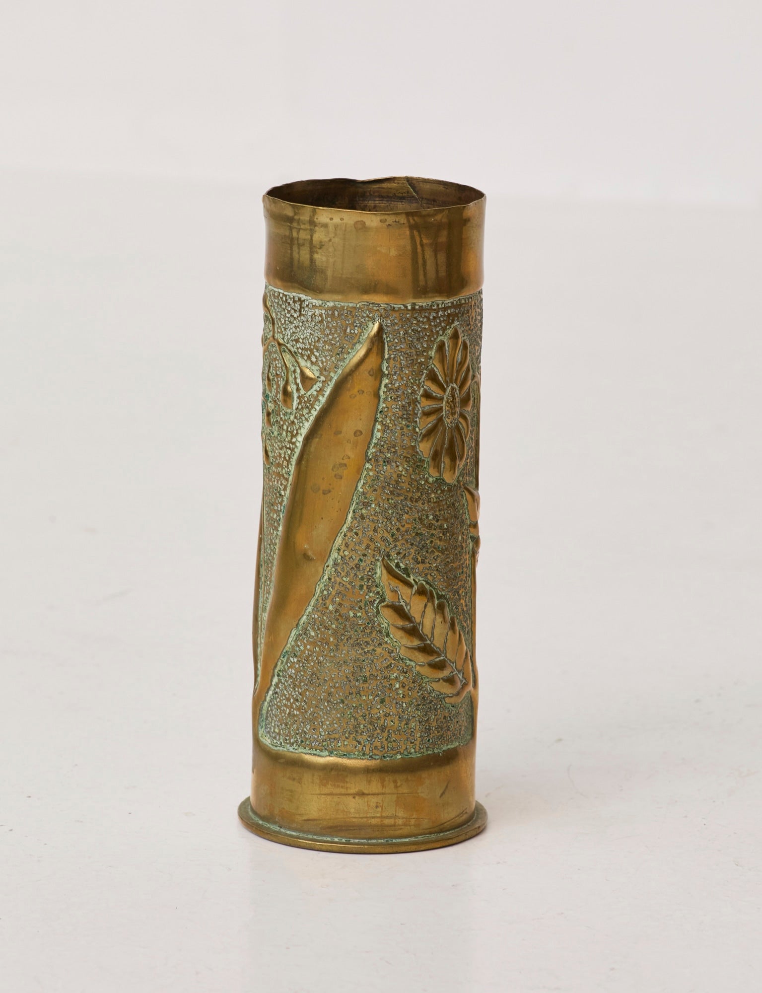 Vintage Vase in Metal Brass (hand-repoussé Daisy and Lily of the valley motifs) — detail view