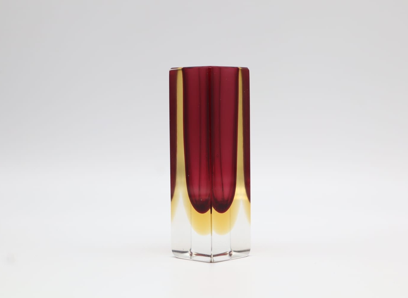 Authentic Flavio Poli Murano Sommerso Block Vase – Ruby Red & Amber – Italy, 1960s — side angle
