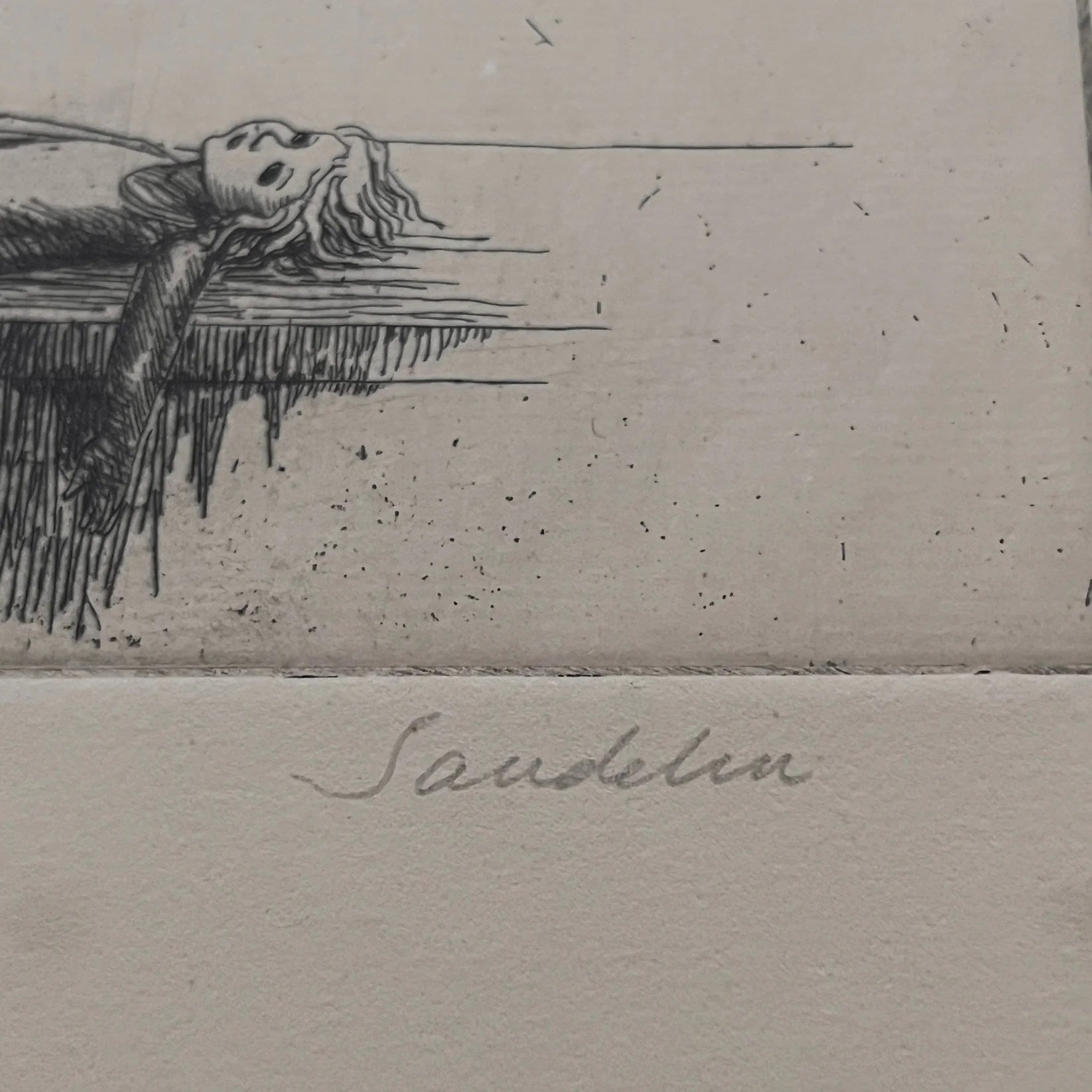 Swedish Etching "Doll on a Table" Börje Sandelin — close-up of signature detail on paper