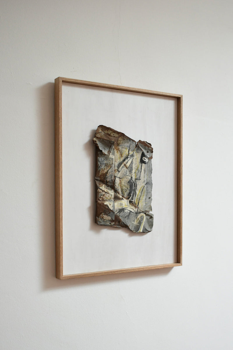 Mixed Media Artwork Painting on Metal by Gen — close-up of textured metal surface in wooden frame