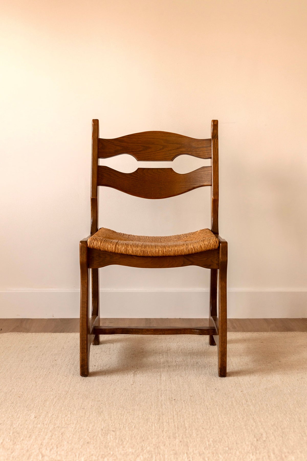 Set of Six French Oak Razor-Back Chairs by Guillerme et Chambron, c.1960 — lifestyle setting
