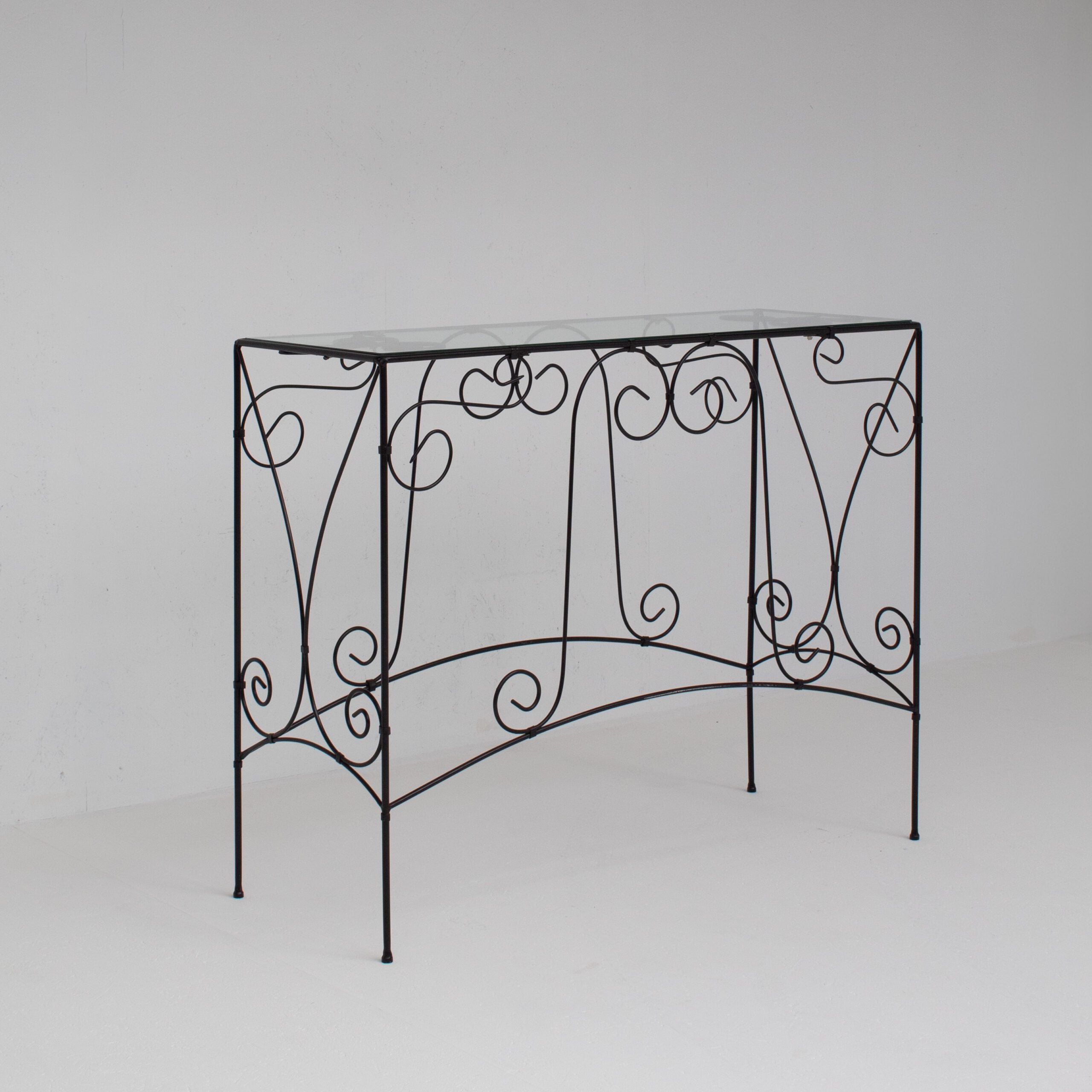 Vintage Wrought Iron Console Table With Glass Top — side angle