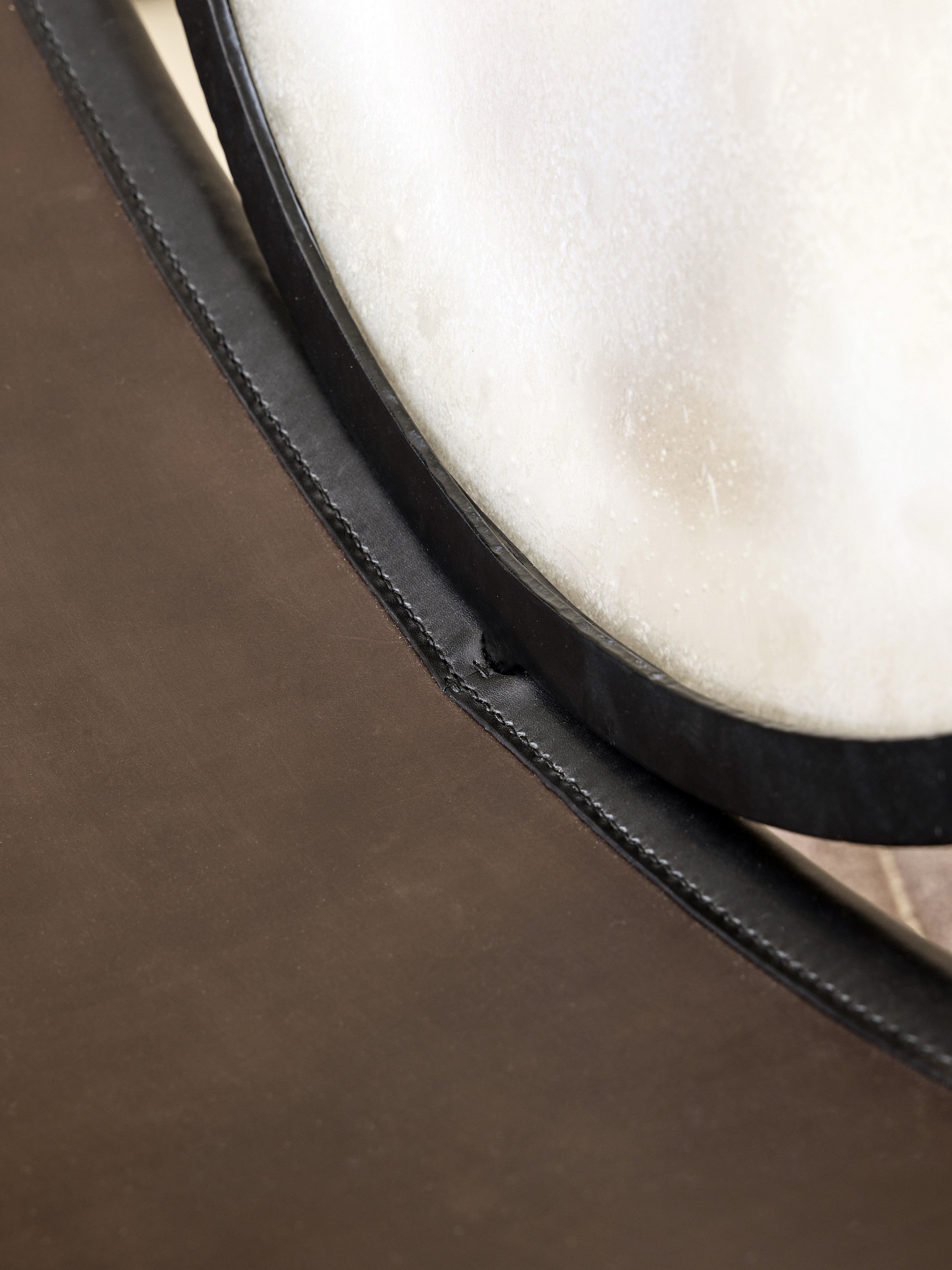 MOON Armchair in Metal and Glass — close-up of glass and leather detail