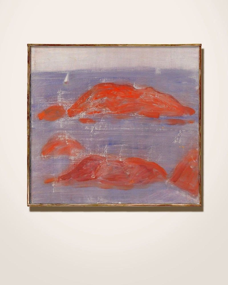 Midcentury Seascape in Red and Blue by Médecine | The Oblist — contemporary painting, red and blue colors