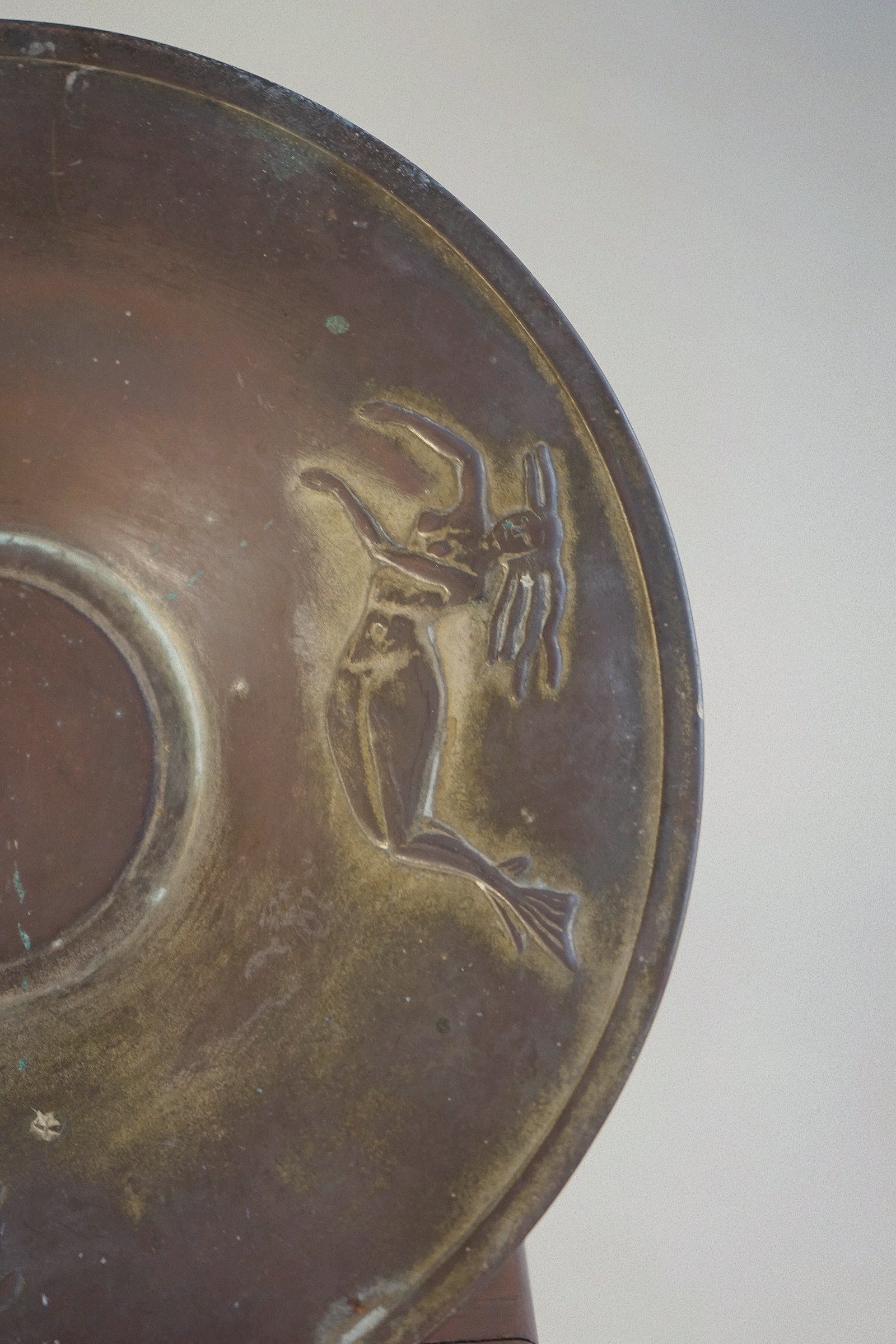 Swedish Grace Mermaid Charger c.1930 — close-up of bronze mermaid detail