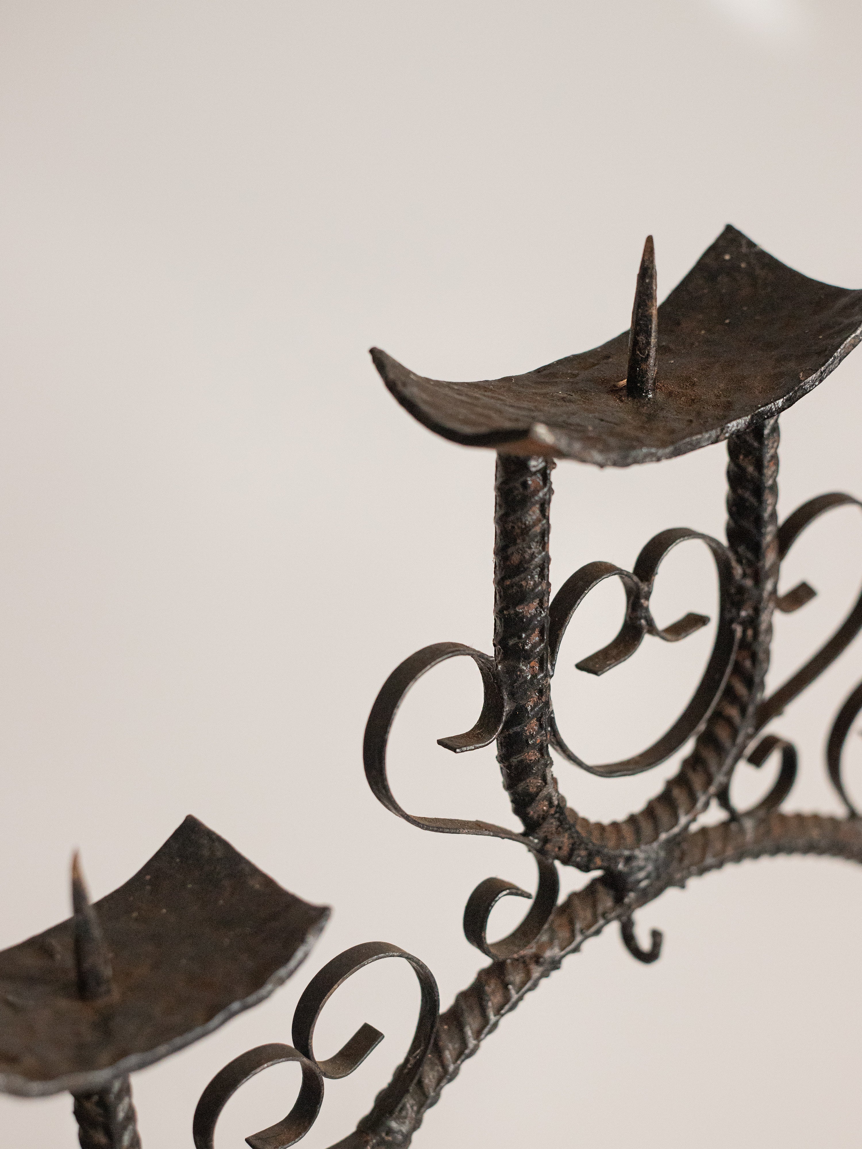 French Scroll Wrought Iron 5 Arm Candelabra — close-up of wrought iron details