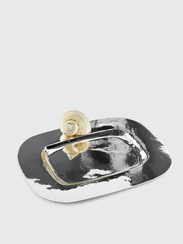 Butter Dish 925 Silver Plate — side angle with shell handle detail