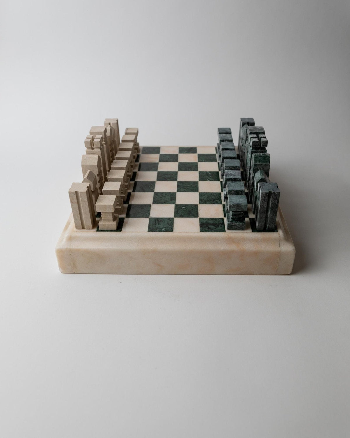 Vintage 1970s Marble Chess Set, Green and Beige Stone Chess Board, Heavy Design, Geometric Chess Pieces, Sculptural Table Game,  Gift Idea — view 9