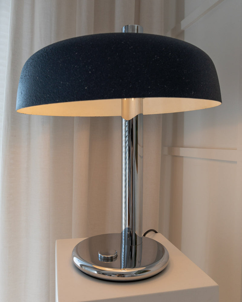 Table Lamp by Heinz Pfaender 1960s — close-up of chrome base and textured shade
