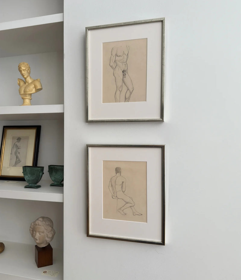 Esaias Thorén, Paris 1925 – Set of Two Male Nude Sketches — framed sketches displayed on white wall