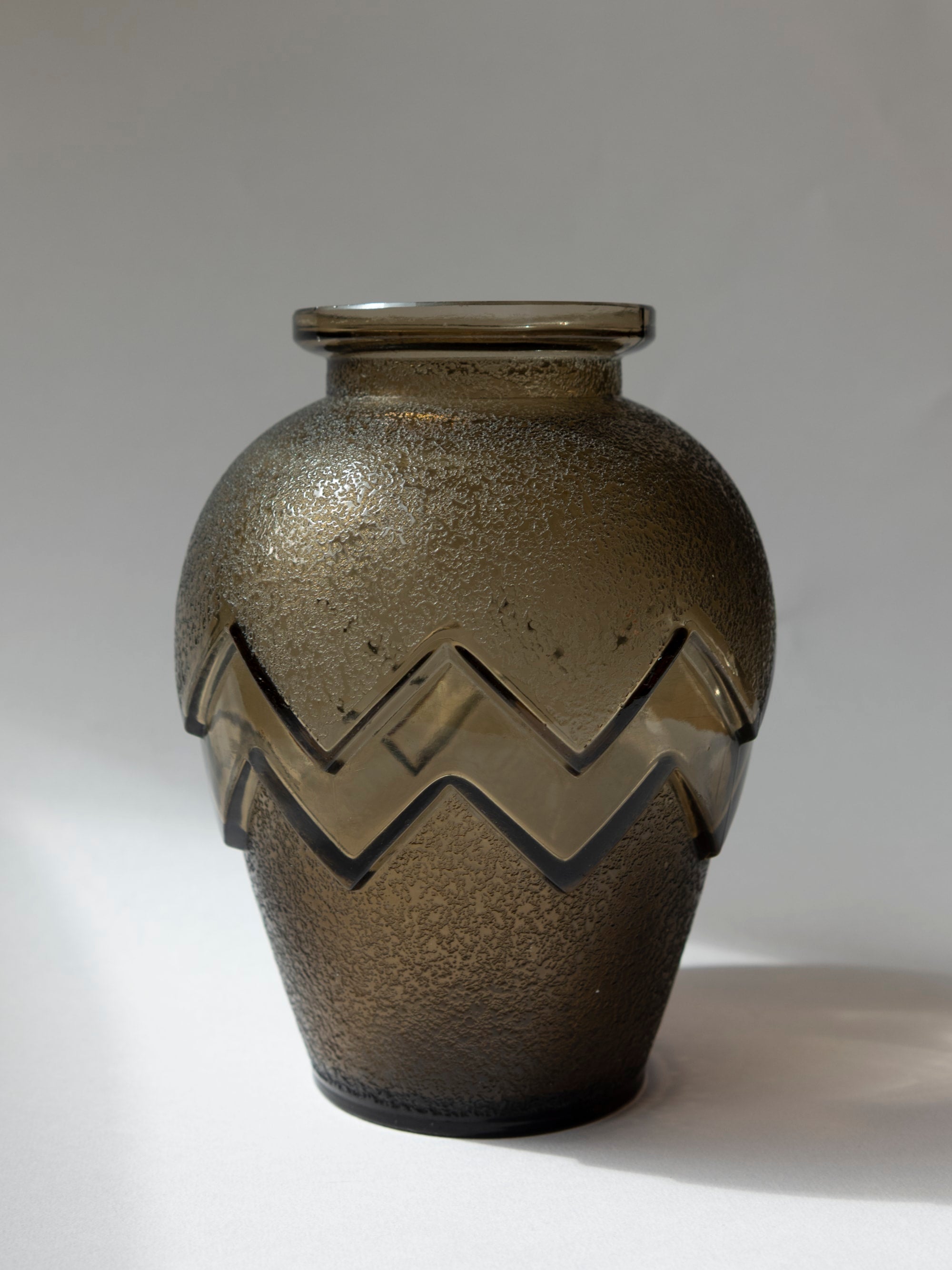 Art Deco Smoked Glass Chevron Vase, Daum Nancy, c. 1930s — lifestyle setting