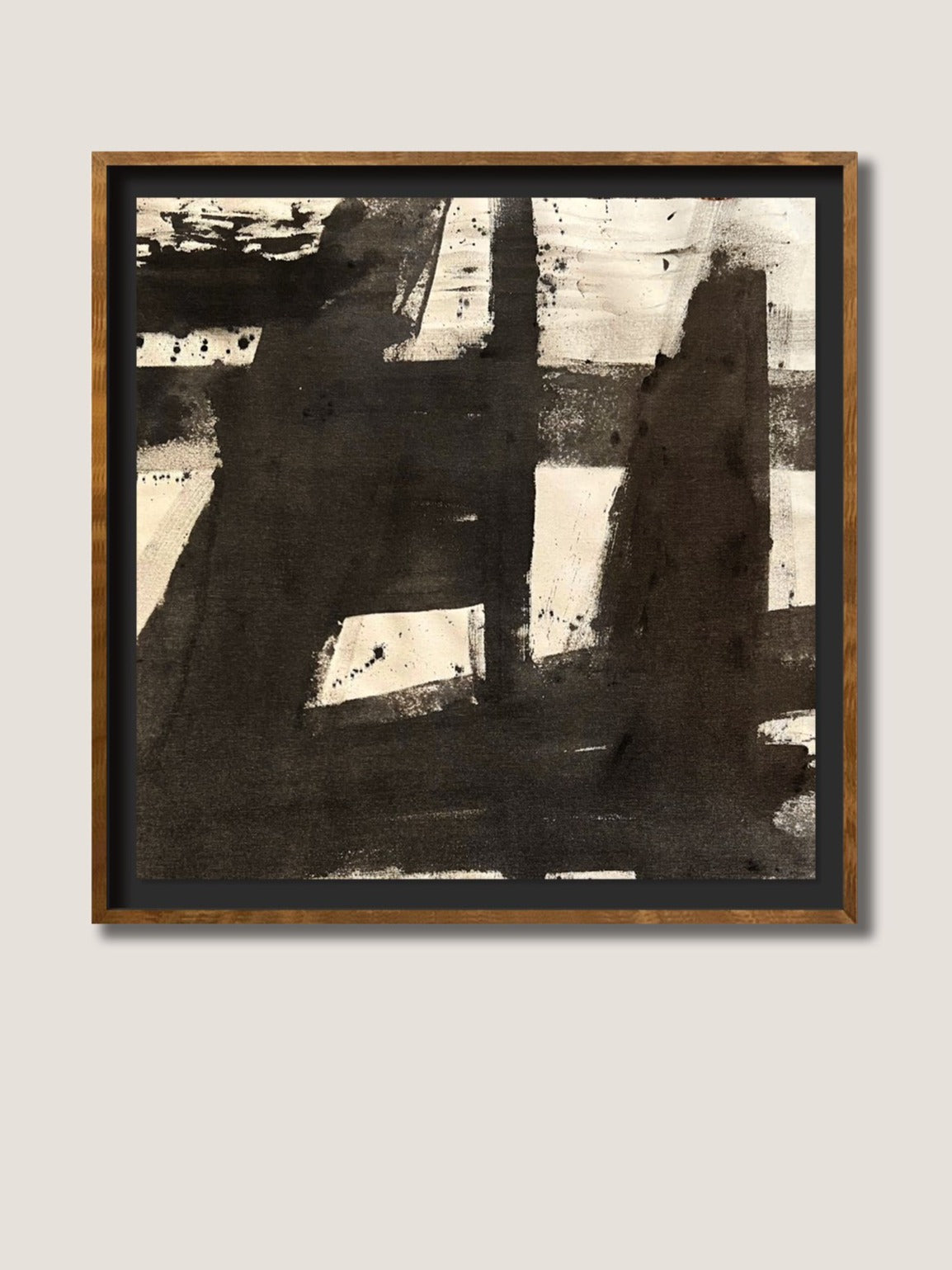 Marblehead Harbor" by Médecine: Original ink and charcoal on raw canvas. Bold black geometric forms stand out on white, framed in dark wood and displayed on a light gray wall.