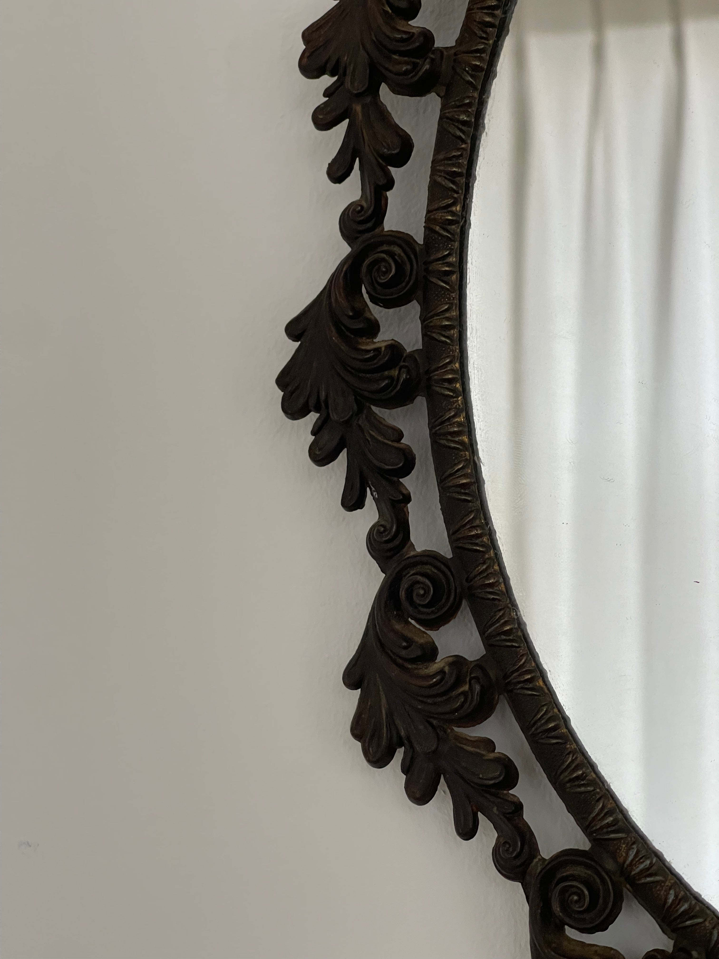 Ornate Vintage Oval Mirror, Rococo Frame — side angle of detailed frame