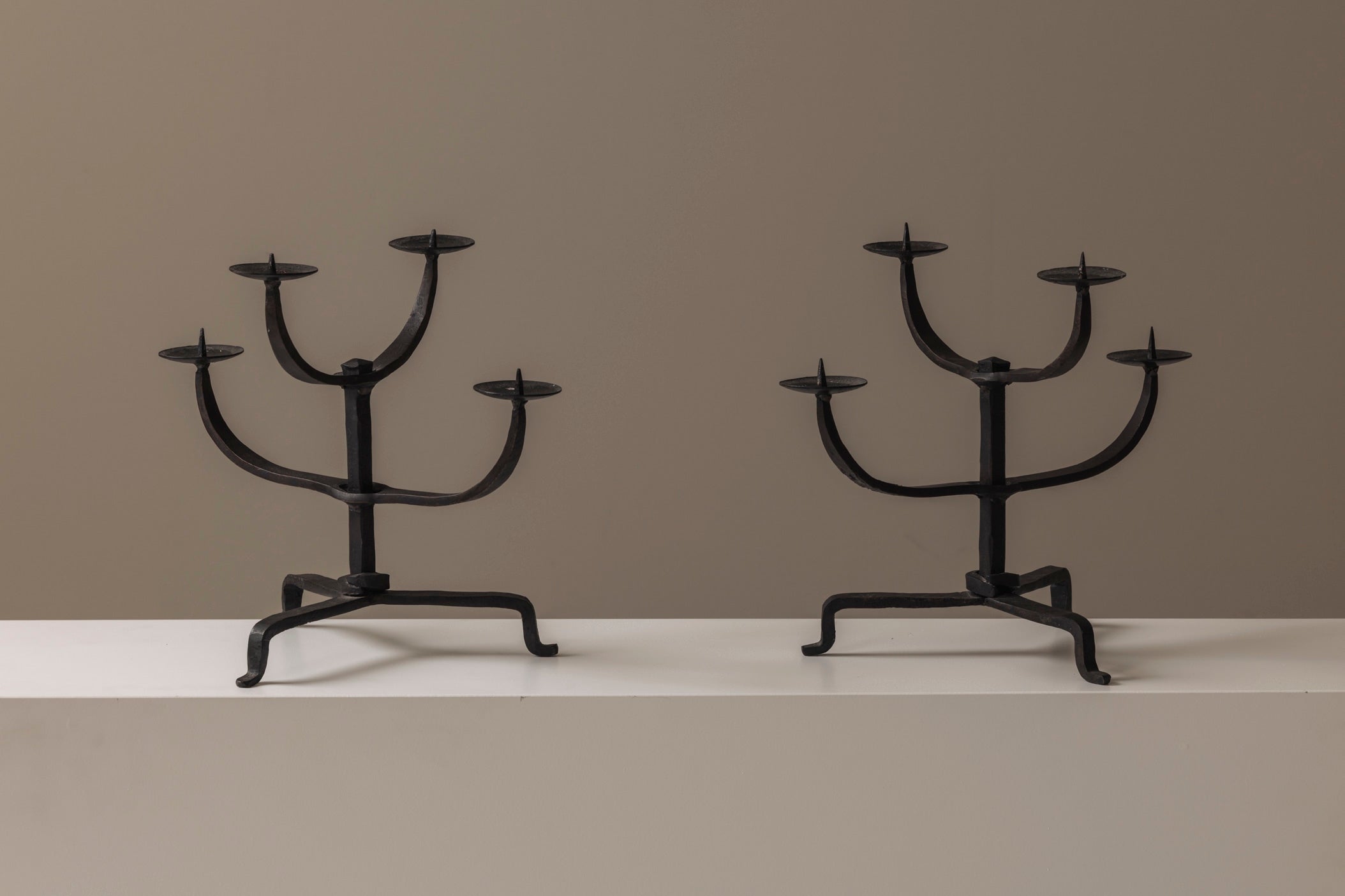 Hand-forged wrought iron candlesticks, France 1950s — side angle