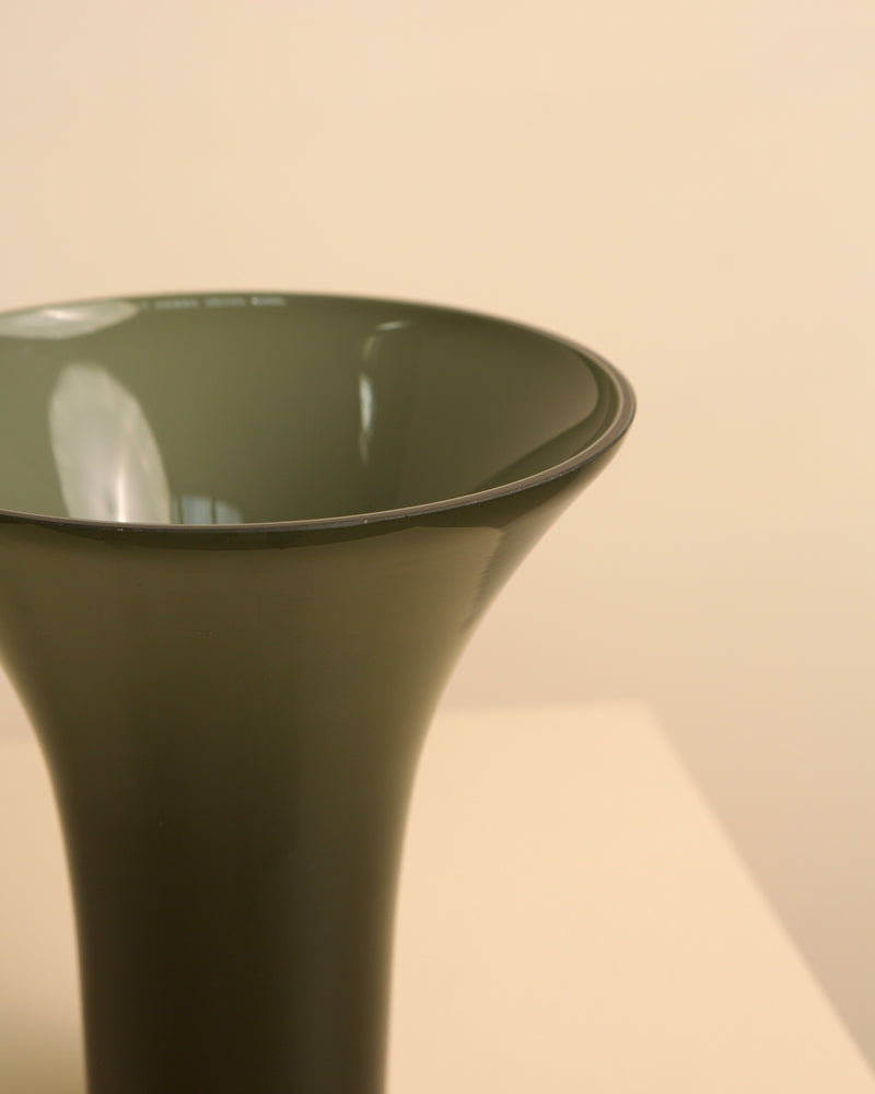 Olive green Murano glass vase detail showing curved rim and form