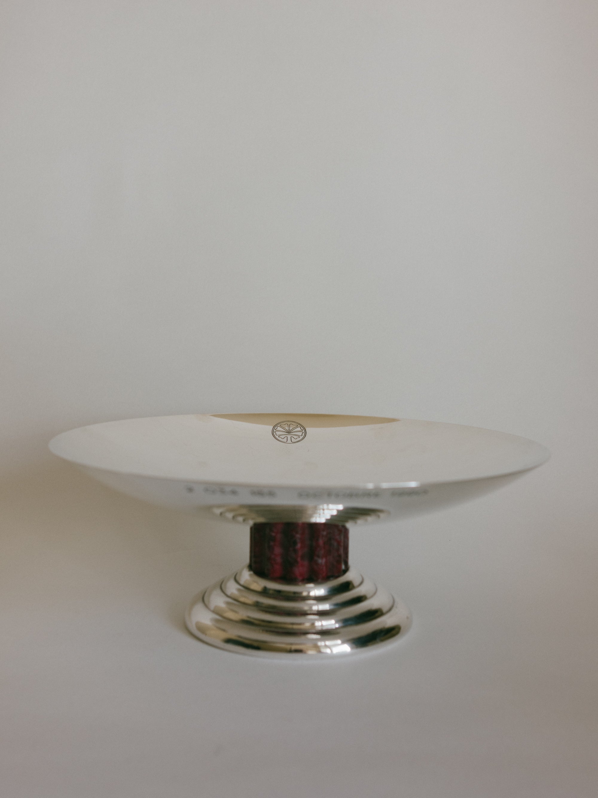 Jean Puiforcat Archival French Art Deco Silver-Plated and Red Lacquer Tazza Centerpiece — close-up