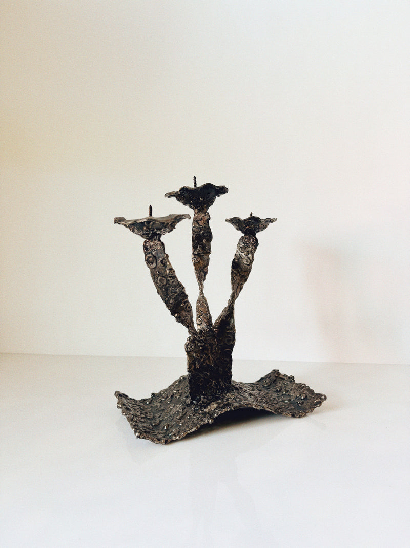 Molten Metal Sculptural 3 Arm Candlestick, Brutalist Poland — close-up of textured metal surface