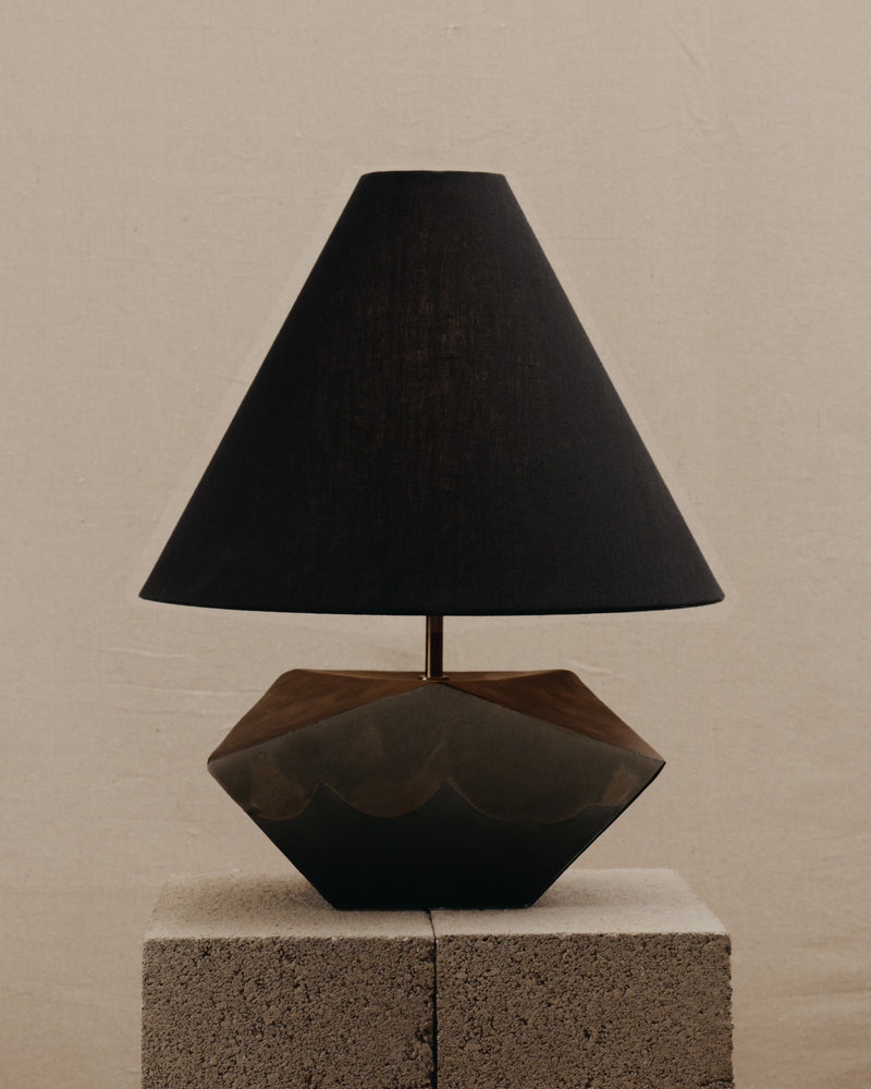 Summit Lamp — close-up of geometric ceramic base with black shade