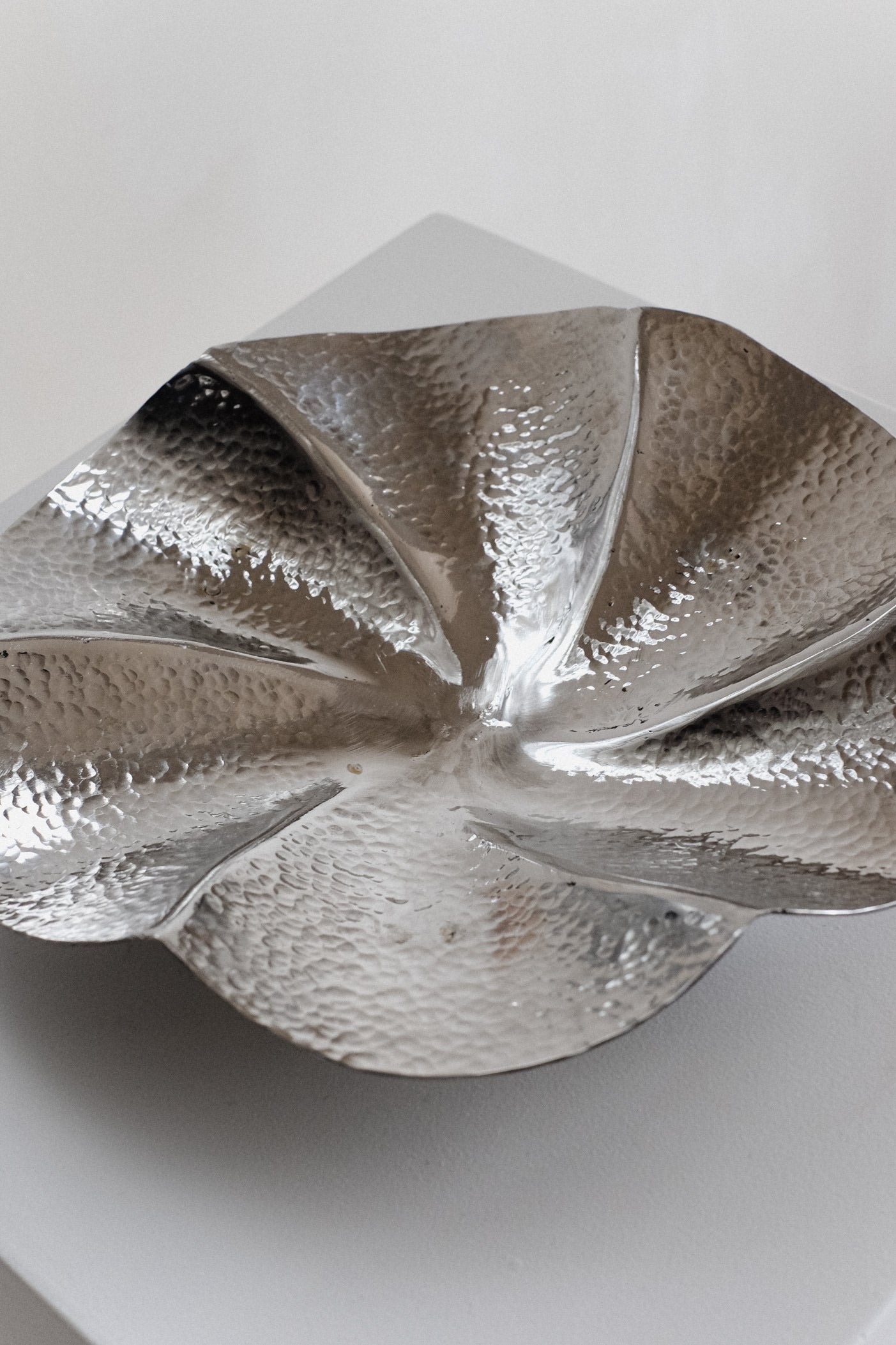 Decorative Footed Bowl — top view of hammered silver surface