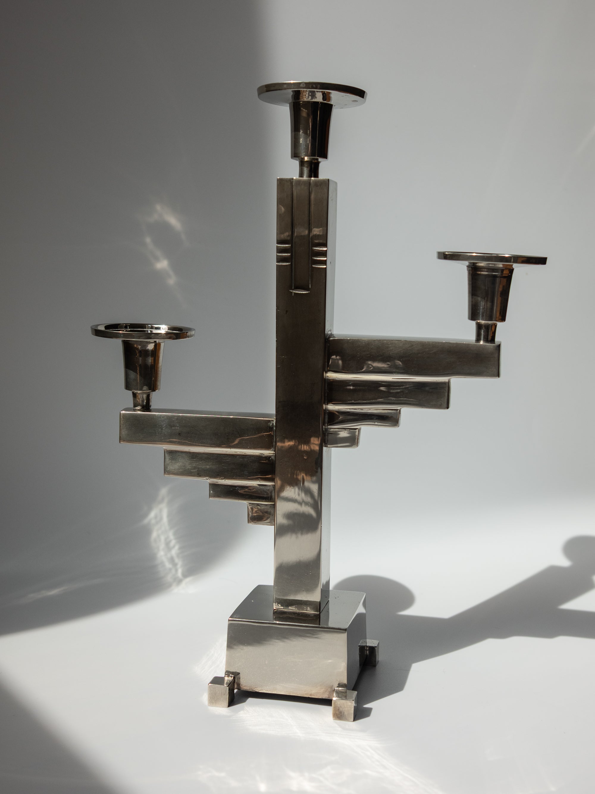 Bauhaus-Inspired Three-Arm Candelabra in Chrome-Plated Metal Germany, c. 1930 - 1950s — side angle