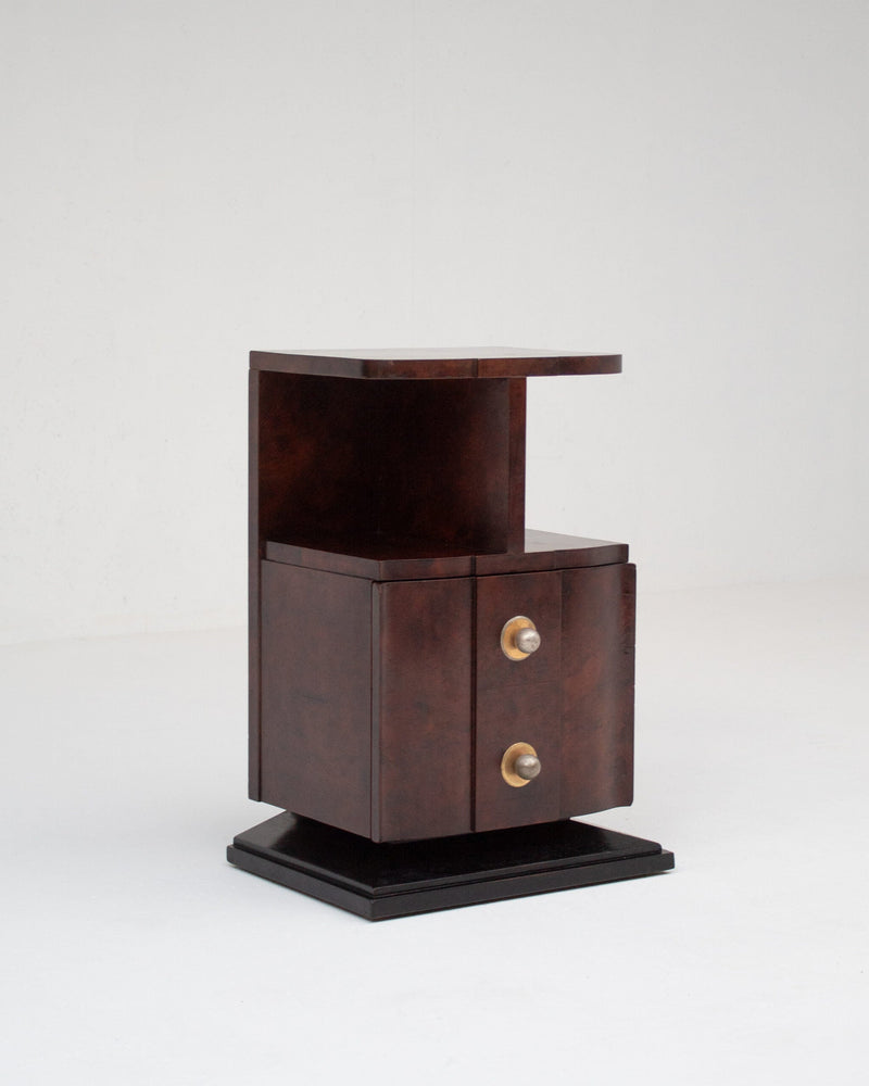 Art Deco Bedside Cabinet in Burr Walnut with Brass Hardware by Malata Antwerp | The Oblist