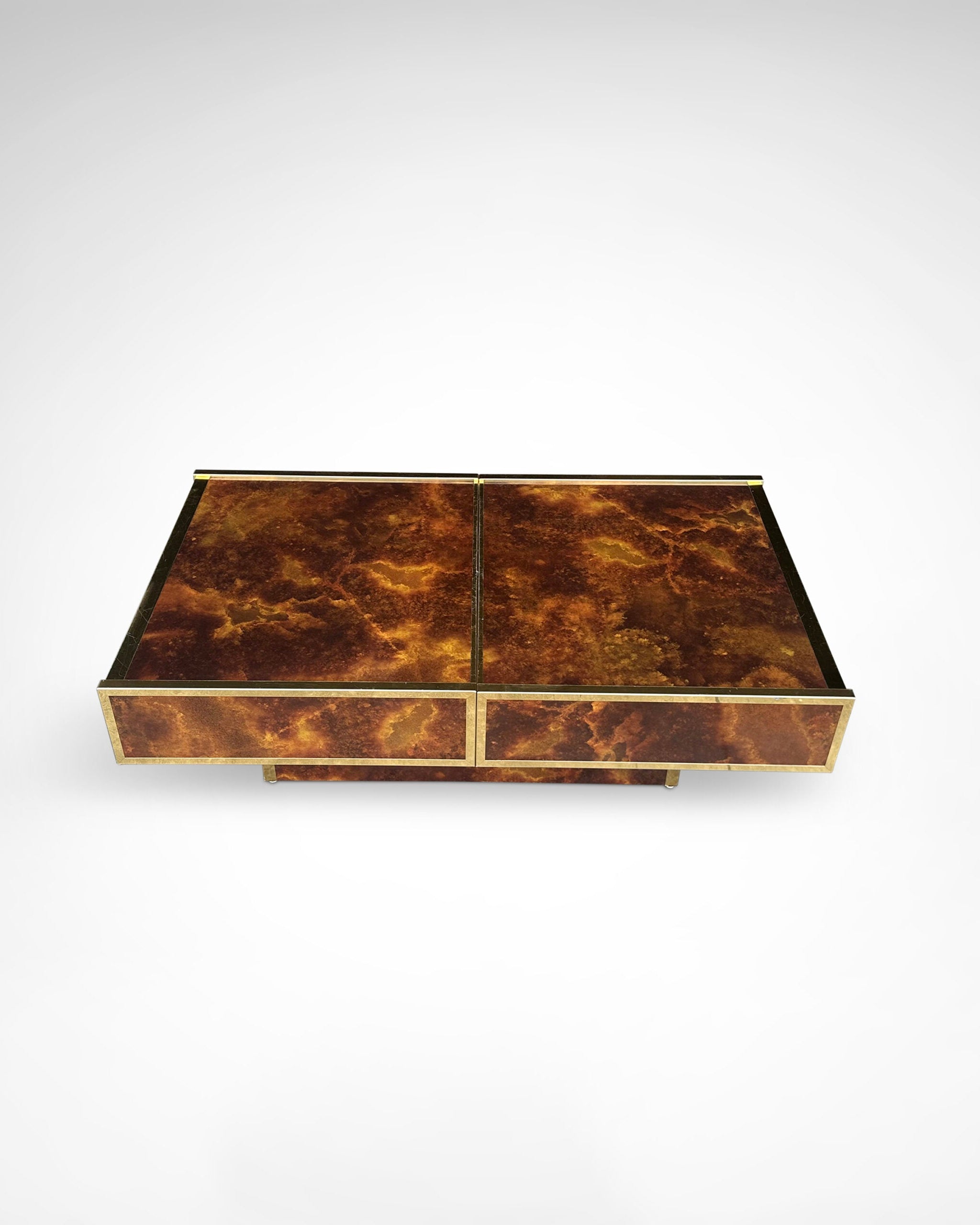 Burl Wood and Brass Coffee Table with Integrated Bar by Maison Lancel — close-up