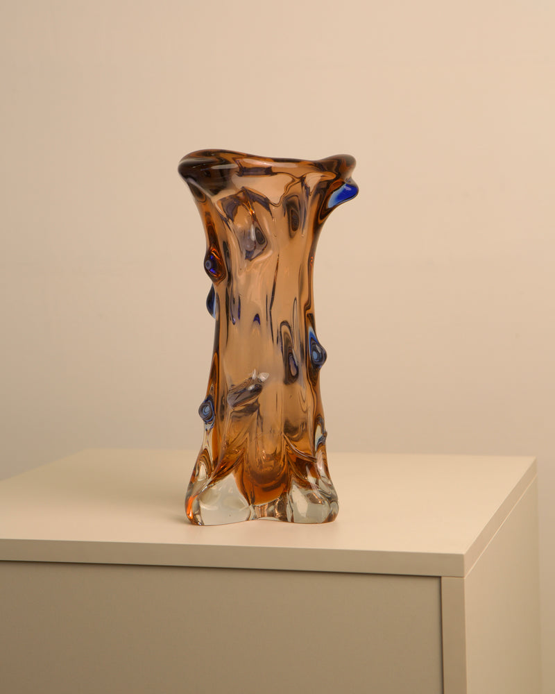 Amber Murano glass vase with blue accents, organic flowing form