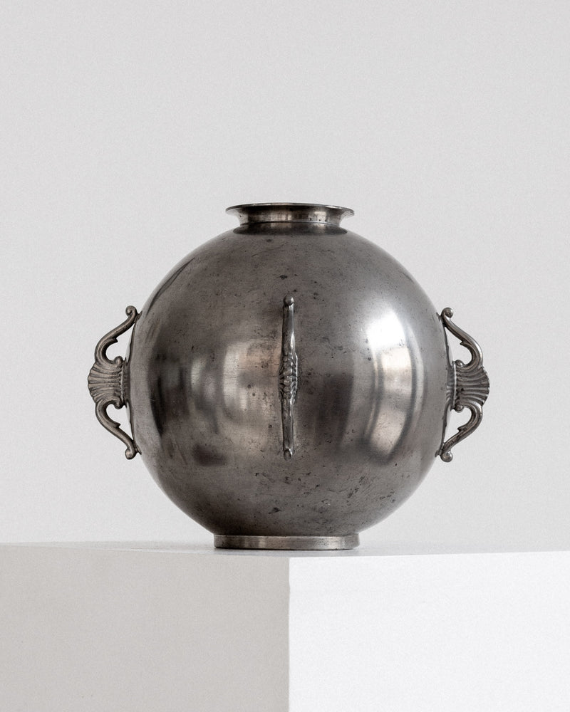 Spherical Art Deco Pewter Vase by C.G. Hallberg, 1934 — front view highlighting ornate handles
