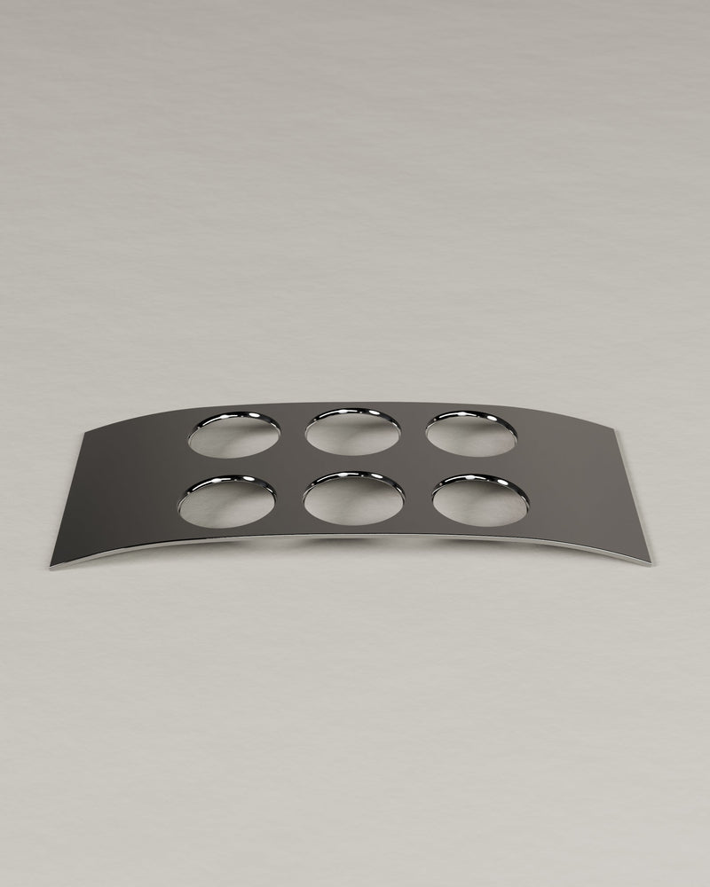 Modern curved stainless steel egg rack with six oval holders