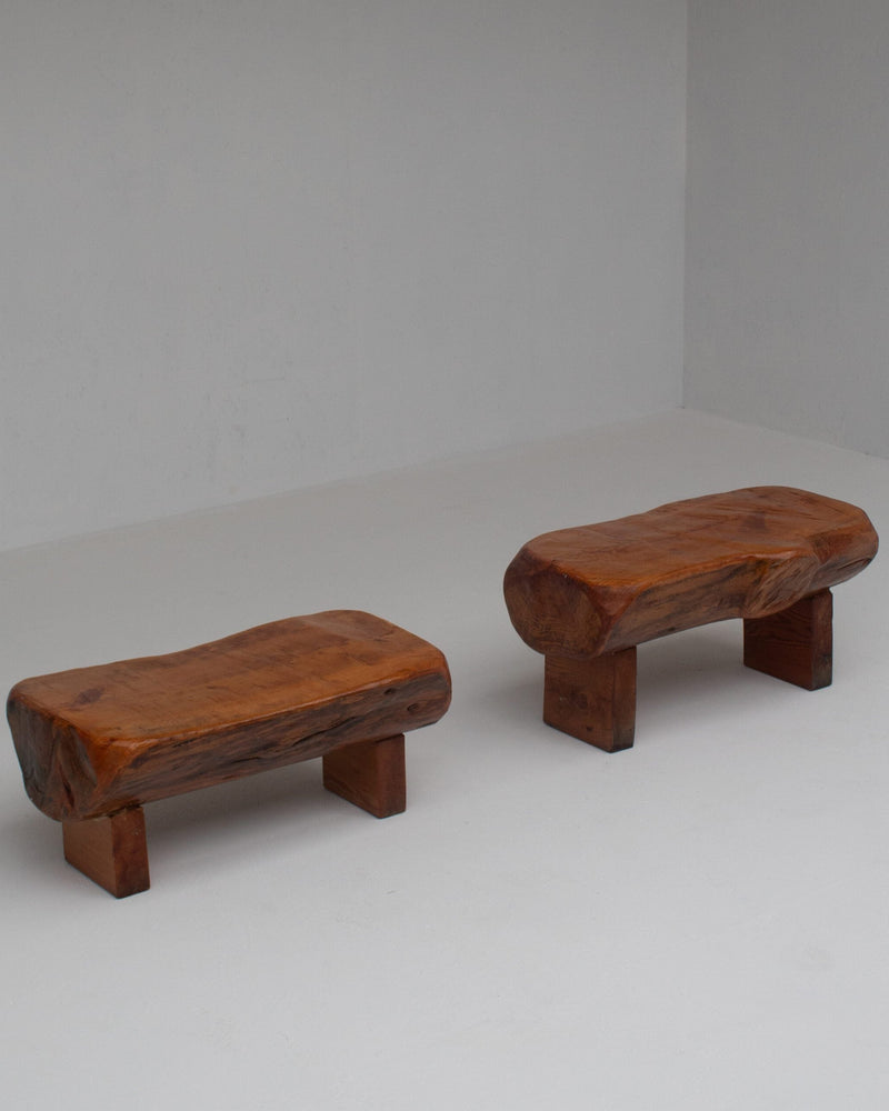 Pair of Rustic Wooden Sculptural Benches in Solid Wood by Malata Antwerp | The Oblist — handcrafted solid wood design