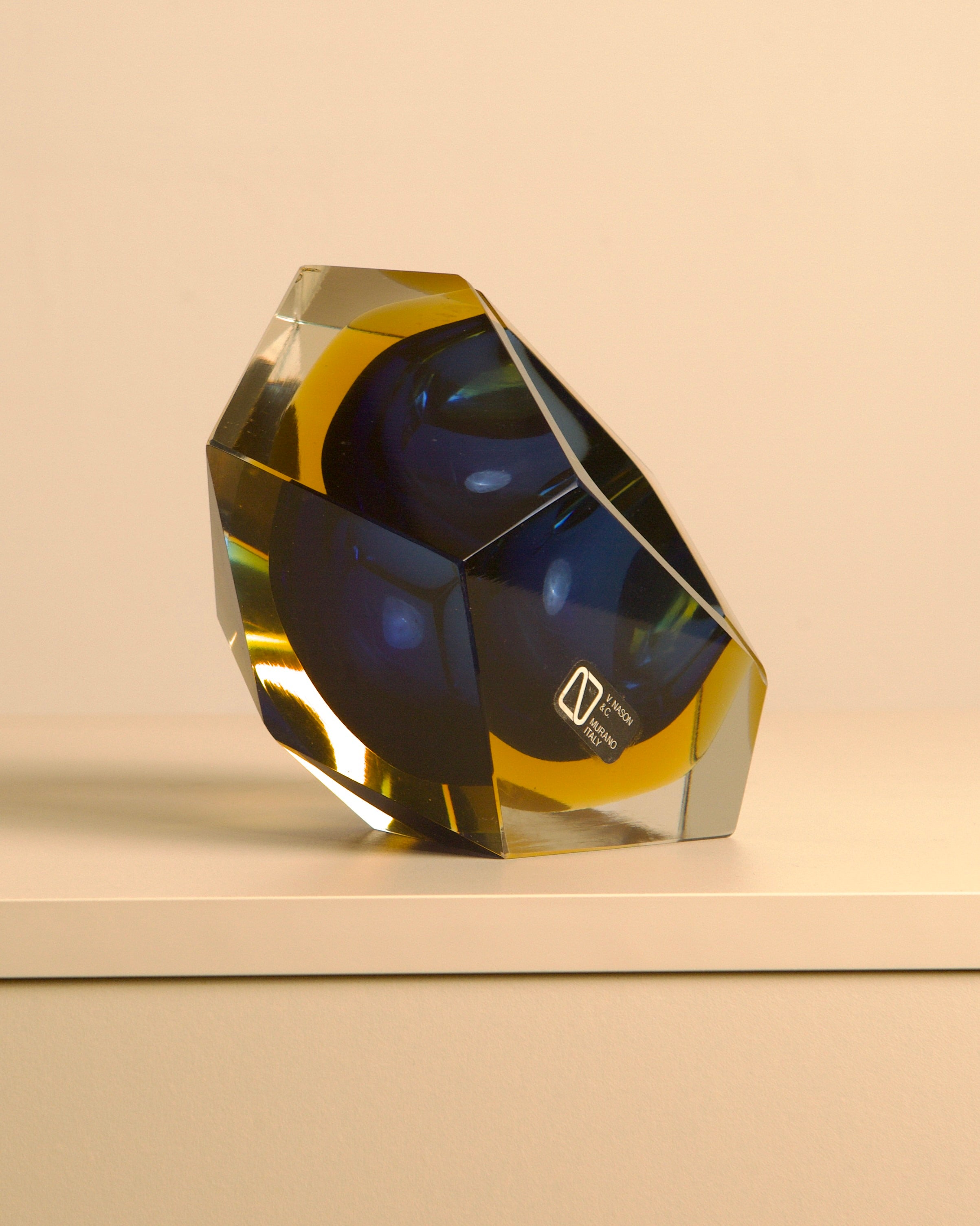 Large Murano glass Diamant vide-poche with blue and amber layers