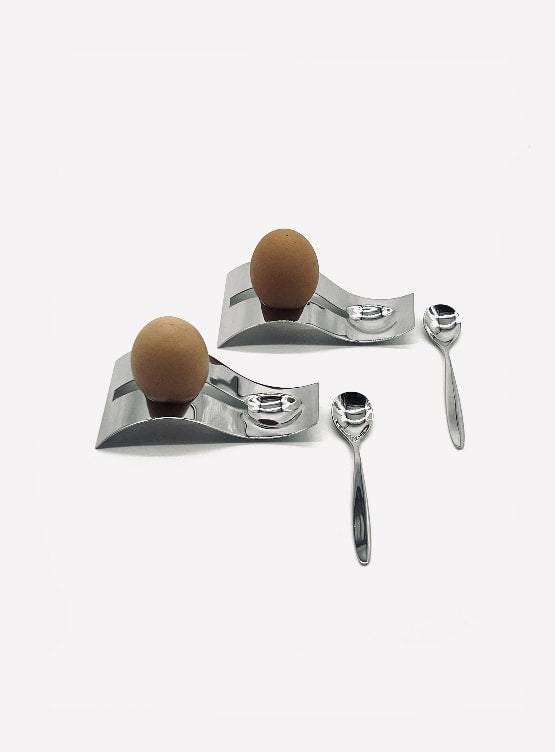Vintage stainless steel egg cups with swirl spoons set of two