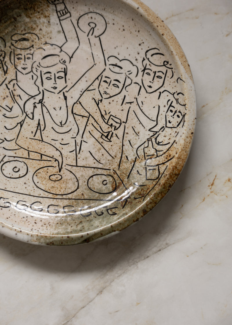 Detailed view of Roman Vessel V decorative ceramic dish with etched figures