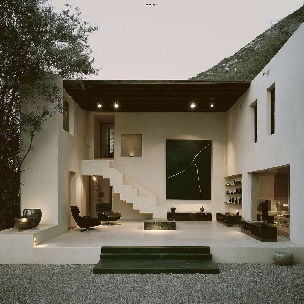 Modern house exterior with a staircase, vintage chairs, and artwork.