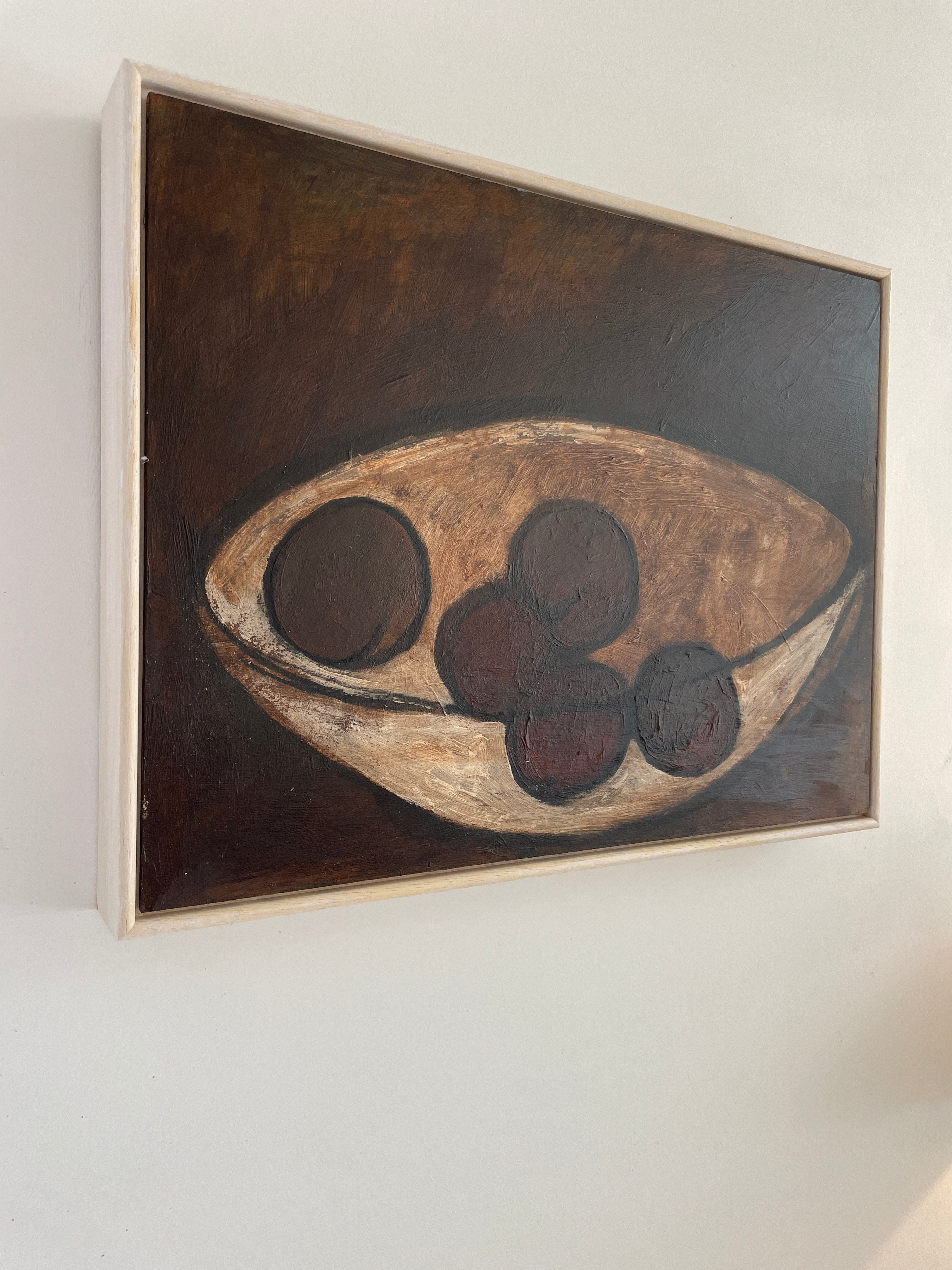 Five Plums Original Painting — close-up of dark plums in bowl