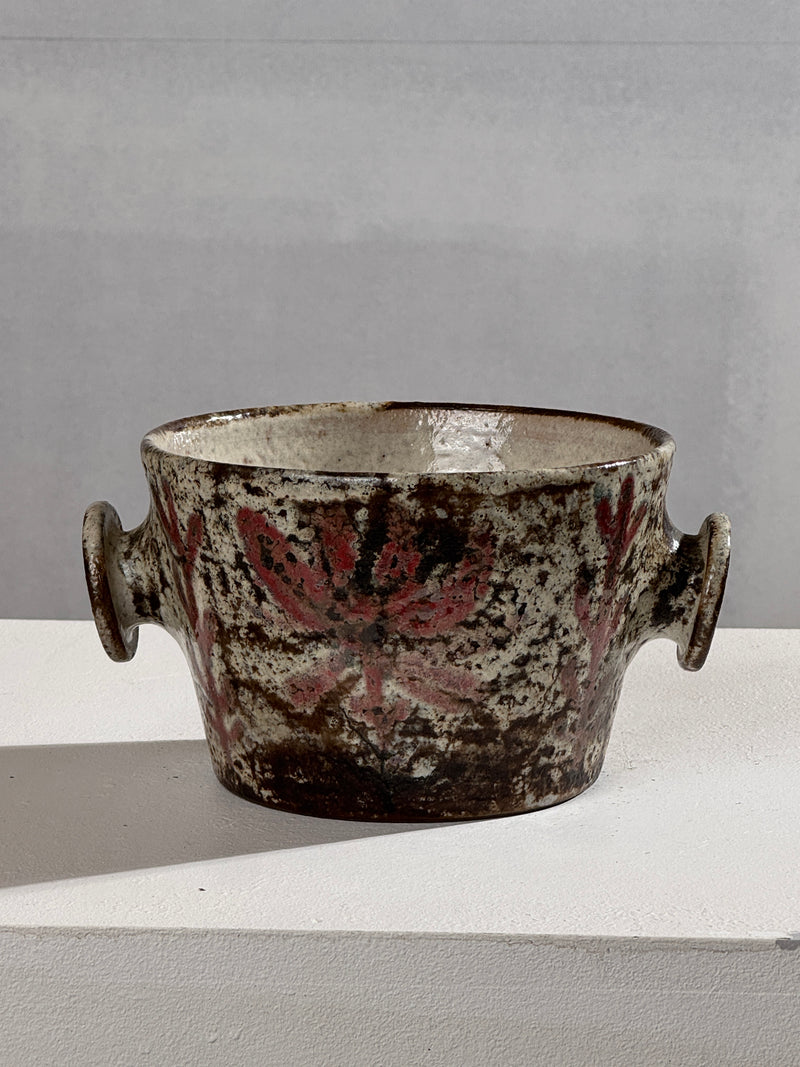 Vintage ceramic bowl with weathered glaze and handles by Reynaud