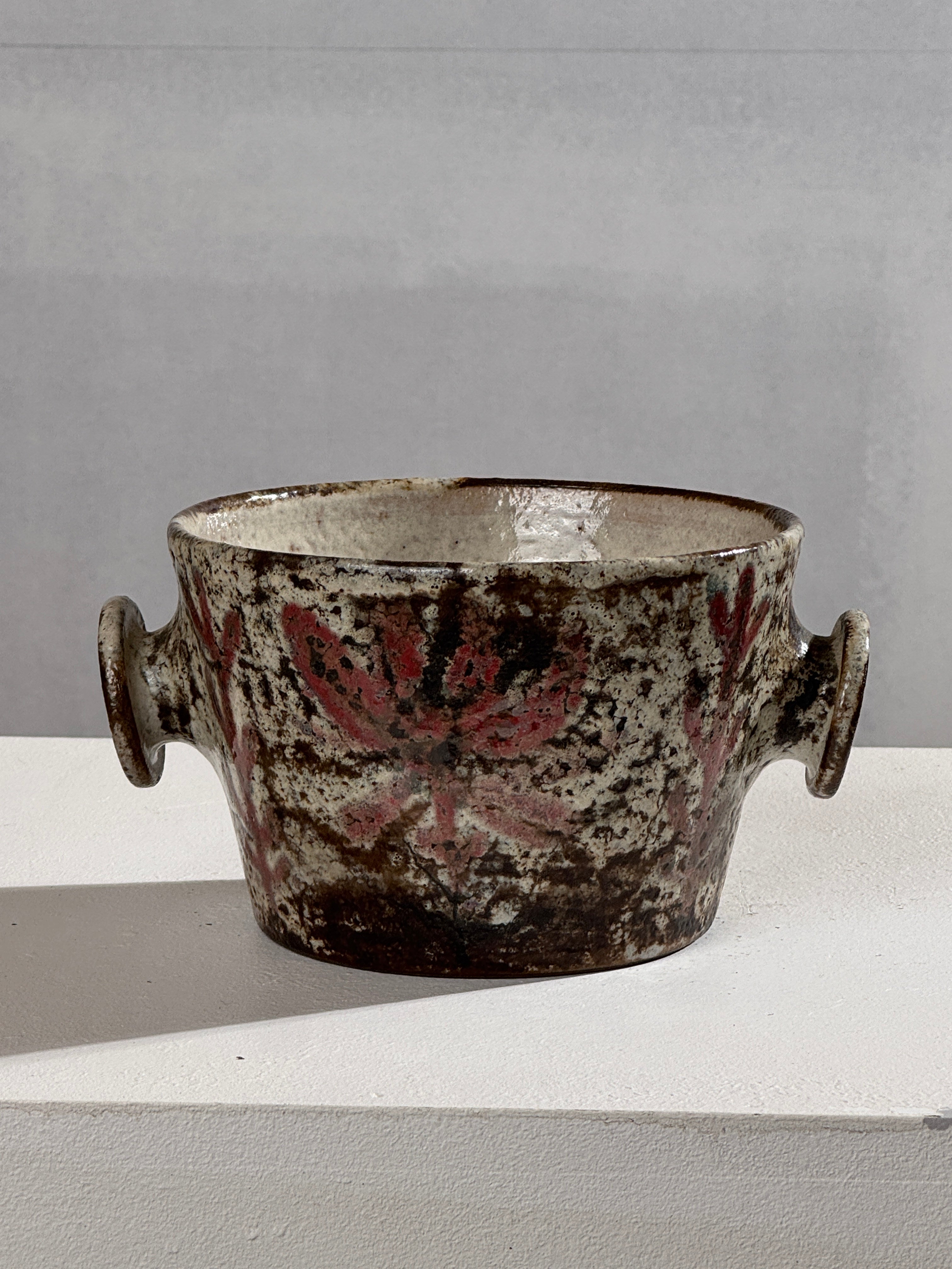 Vintage ceramic bowl with weathered glaze and handles by Reynaud